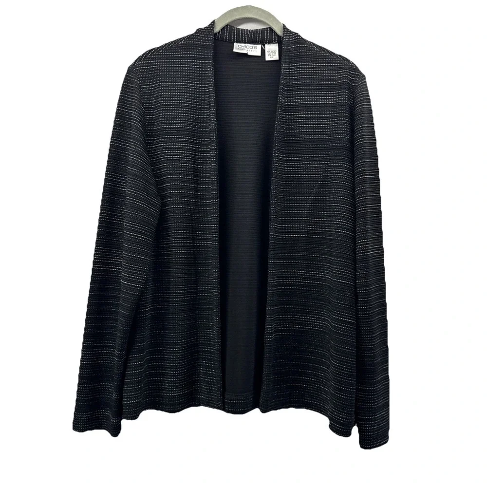 Chicos Travelers Cardigan Jacket Sz Large Black Textured White Long Sleeves Open